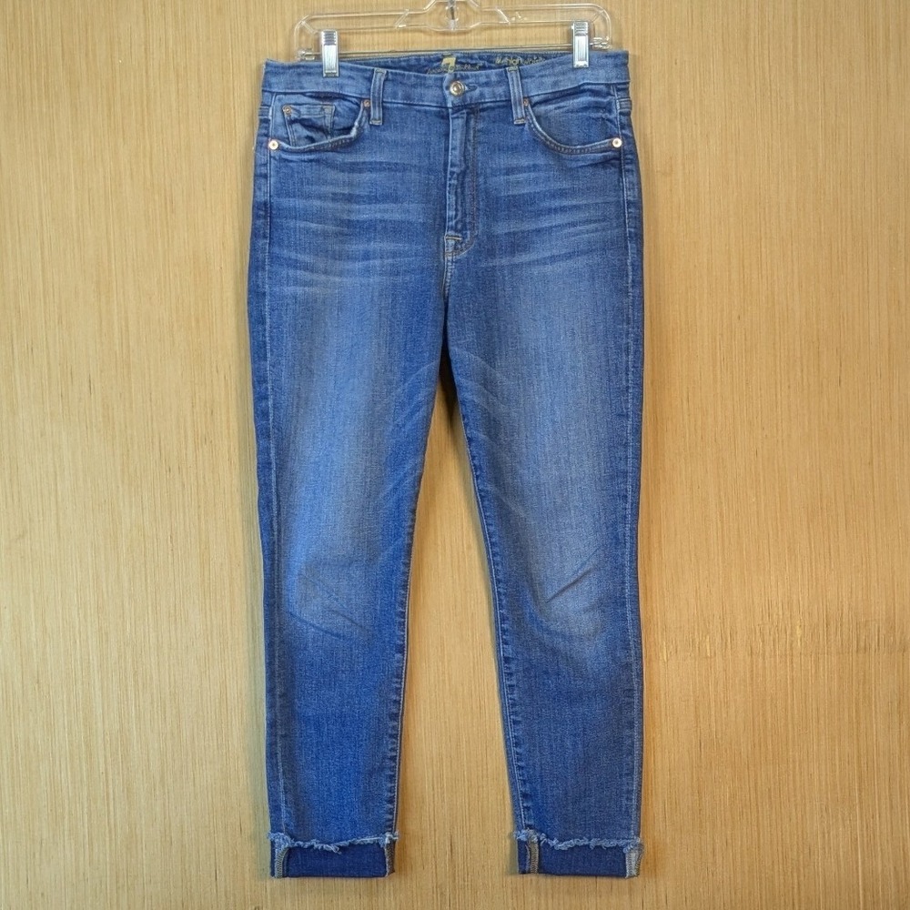 7 For‎ All Mankind High Waist Ankle Skinny Jeans Blue Raw Hem Size 31